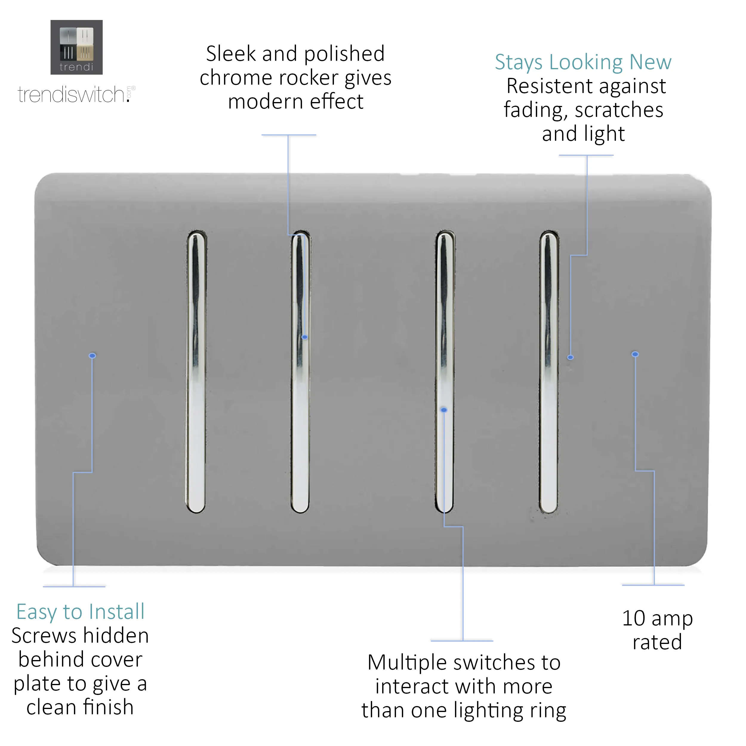 4 Gang 2 Way 10 Amp Rocker Twin Plate Light Grey ART-SS44LG  Trendi Light Grey